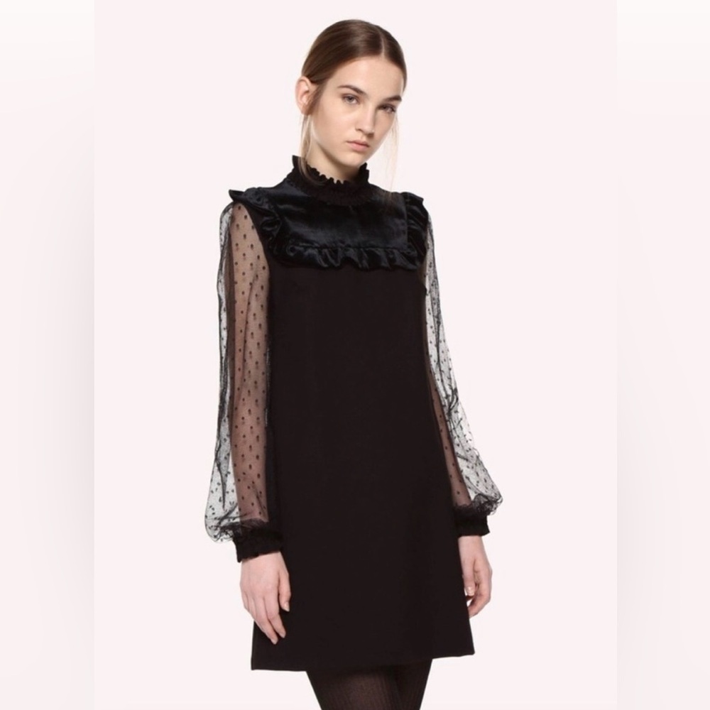 Red Valentino Black Sheer Swiss Dot Sleeve Velvet High Neck Mini Dress Size XS
